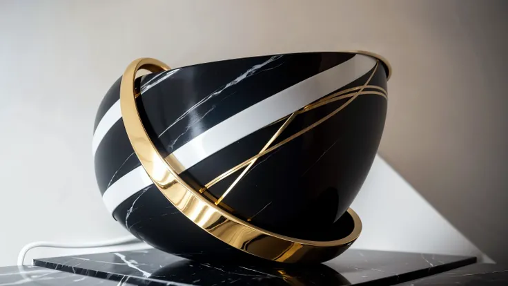 Create an image of an abstract sculpture in a studio with a white background. The sculpture must be made of black marble with golden veins, as if it were a homogeneous mixture of marble and gold. The shape of the sculpture should be intriguing and evocativ...