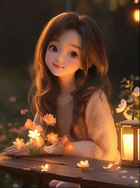 A long-haired girl sitting on a bench,Holding a cup in hand, charming细致的数字艺术, charming的数字艺术, charming卡通 character, charming的肖像, charming卡通, charming的角色, Soft portrait shots 8 k, charming的数字, charming的 3d 渲染, charming, charming的动漫女孩, charming美丽, Beautiful s...