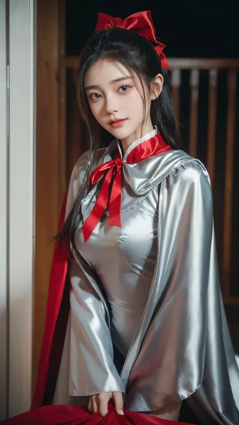(RAW photos) , Detailed features , perfect face , perfect eyes , detailed eyes , (beautiful:1.50) , beautiful chinese girl in her 20s with long hair  in a ponytail , smiling , (((Long, voluminous, high-collared silver satin cape with red lining., Tied with...