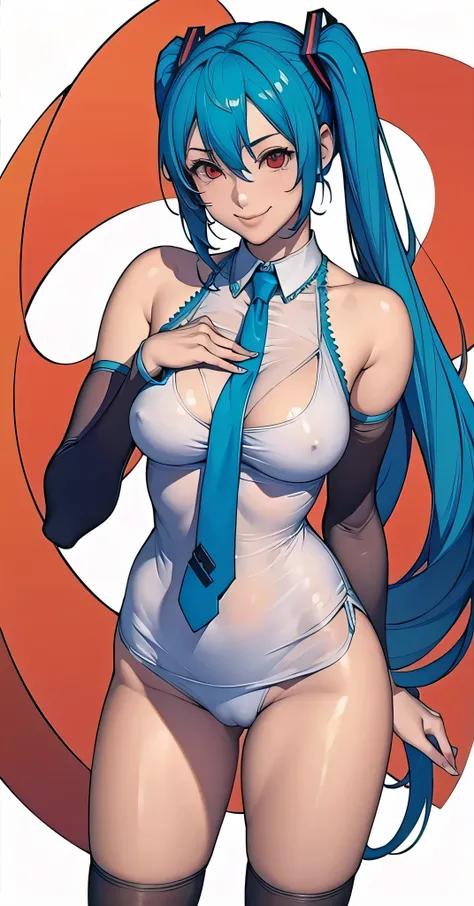 masterpiece, hatsune miku, White shirt, Blue tie, Exposing shoulders, The sleeves are separated, Evil Smiley Face, Dark Skin, Red eyes, Iris, Pupil orange,nude