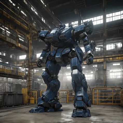 game cg, 8K, armored core style, huge robot, standing in factory,