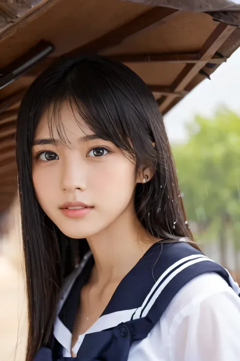 (A beautiful girl taking shelter from the rain under the eaves:1.5), 17 years old, (Highest quality:1.4), (Very detailed), (Very detailed美しい顔), Sexy look, Evenly balanced eyes, (Short-sleeved sailor suit :1.3), (School uniforms:1.3), Beautiful face and eye...