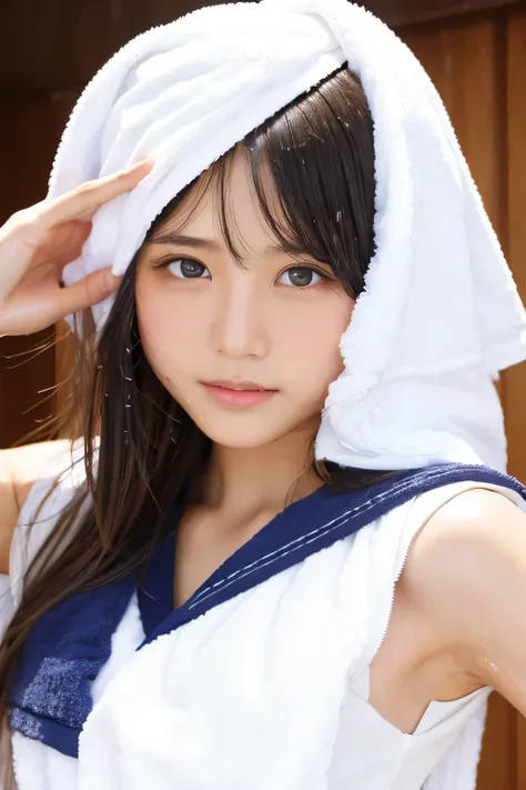 (beautiful girl wiping her head with a towel:1.5), 17 years old, (highest quality:1.4), (very detailed), (very detailed美しい顔), se...