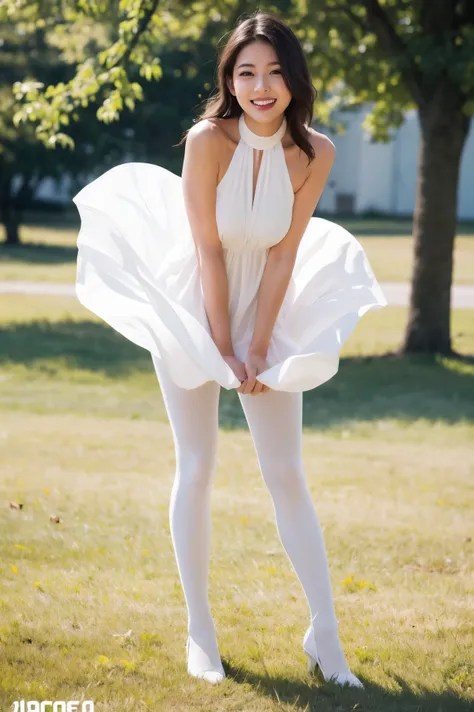 (((8k、High resolution、Highest quality、High resolution)))alone、Natural body shape、White skin、Natural Makeup、Halter neck dress、(Ultra-realistic pantyhose:1.3), Skirt and thighs、High heels、(Full Body Shot), Grin, Beautiful mature woman, pastel colour、Random C...