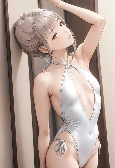 (Turn around:1.3)、(((Bottom to top angle)),high resolution、High quality details，Perfect Body Proportions，Smooth and delicate skin texture，Japanese Girlodel、Fair skin，20-year-old，Flat chest，Create an image of a woman wearing a two-piece swimsuit. The top is...