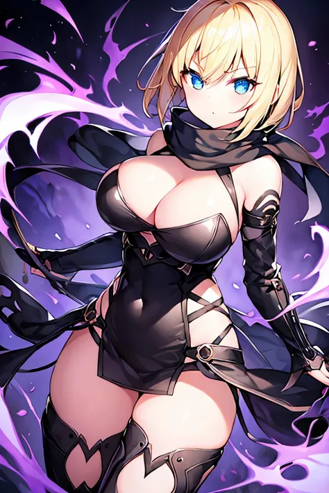 1 girl、Blonde、Short Hair、Darkleaper、Fantasy、Black clothing、((Aggressive design))、Cool clothes、Bigger breasts、Scarf、Look to the side、Cool people、