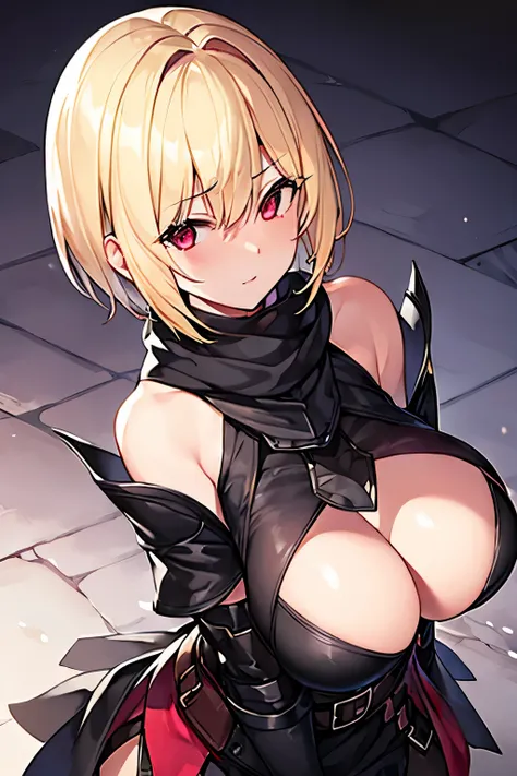 1 girl、Blonde、Short Hair、Darkleaper、Fantasy、Black clothing、((Aggressive design))、Clothes to seduce、Bigger breasts、Scarf、Look to the side、Cool people、Red Eyes、Excited、visible breath