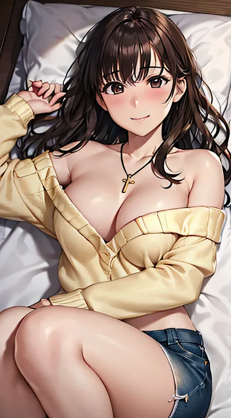 ((Tabletop, Highest quality, High resolution, , Pixel Perfect, 4K,))), 1 female, 、The whole body is visible、 ((Long Wavy Hair, bangs, Brown Hair)), ((Brown eyes, Beautiful eyelashes, Realistic eyes)), ((Detailed face, Blushing:1.2)), ((Smooth texture:0.75,...