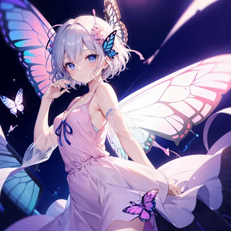 One Woman,Close-up((Fairy,Butterfly Wings Happiness)) background((Pale pink,Lots of hearts))smile ,Gray Hair,Short bob blue eyes,Super Shining,camisole,Long Hem Super Pop Anime,Anime The Wind Blows,Jagged front,Raise your arms,floating