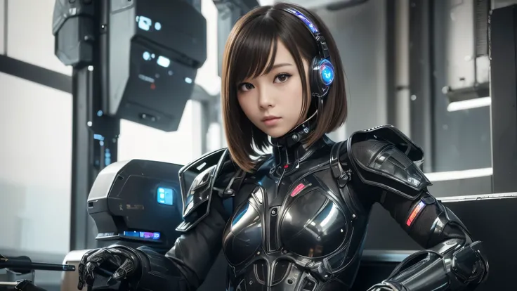 high quality, A realistic masterpiece, Beautiful  girl, Small and skinny girl, Cute girl face, cyber punk, Wearing futuristic robotic tactical shear armor cyber punk suit with cutouts showing abs, Lean athletic body showing legs, Innocent, Playful, Famous ...