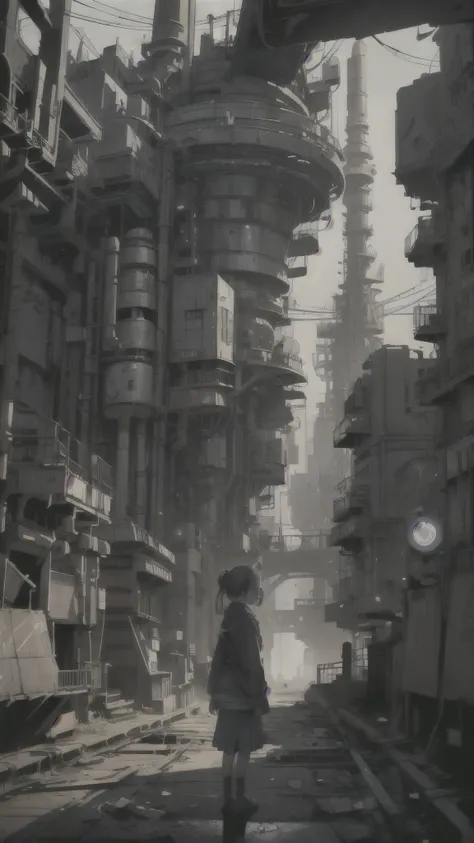 A ray of hope in a dystopian world、A young girl gets lost in a dark Chinese skyscraper、The back of a  is reflected in the center of the screen.、Highly complex cityscape、A ruined world、Pull Configuration、industrial use、High-definition depiction、A city lined...