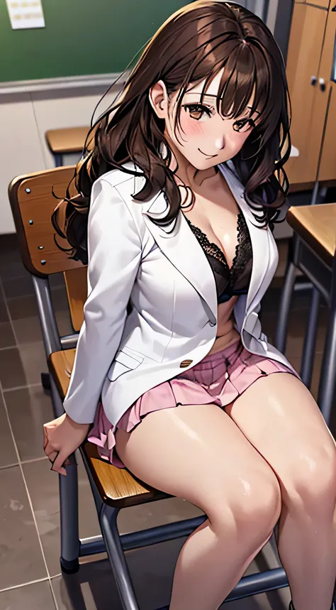 ((Tabletop, Highest quality, High resolution, , Pixel Perfect, 4K,))), 1 female teacher, single, alone, beauty、The whole body is visible、 ((Medium Wavy Hair, bangs, Brown Hair)), ((Brown eyes, Beautiful eyelashes, Realistic eyes)), ((Detailed face, blush:1...