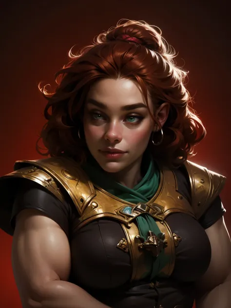 beautiful ginger ((dwarven woman)) in her 30s, with green eyes and striking features, exuding maturity and allure in a seductive pose.(dark-red background),(dwarf) female ,curvy, thick, chubby, short , small, beauty, ginger curly hair, ,an14