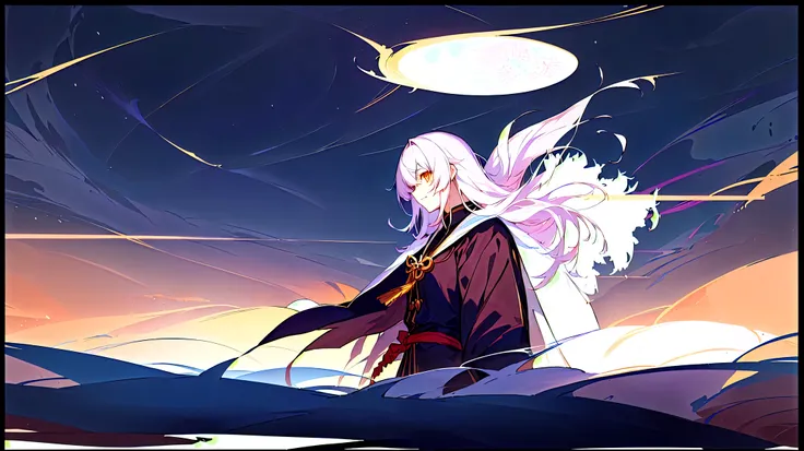 动漫people物手持剑站在巨大的月亮前, Beautiful Shinigami, In the anime series《people》middle, guweiz style artwork, fate grand order, Beautiful anime scene, 动漫 Overlord middle的 Albedo, Very long white cape, Edmund Blair e Charlie Bowater, 带有圣people光环的npc