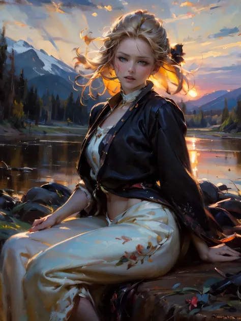 a woman, drooping eyes, ((styled old westerner oil painting)), outdoor, sunset sky, eyes realistic sizing, (round face), open legs, (blond pubic hair), mountains,