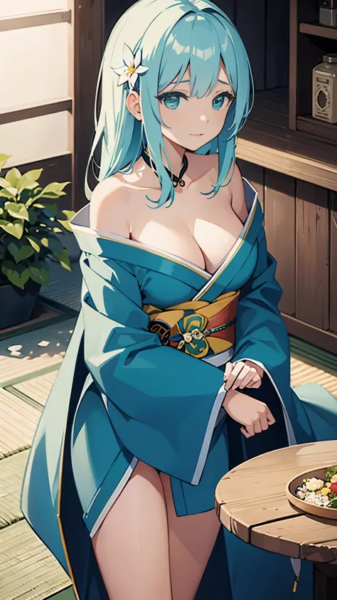 (NSFW), Exquisite Detail, Lone Figure, Observed from Above, (Delicate White Lily Flower), Elegantly Complex, Highest Quality, Meticulously Crafted Background, Sayaka Miki, ((Girl Clad in Patterned Teal Kimono: 1.2)), Gliding through a Zen Garden, Casual Pa...