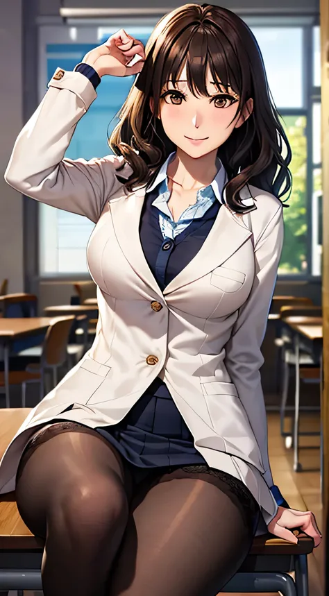 ((Tabletop, Highest quality, High resolution, , Pixel Perfect, 4K,))), 1 female teacher, single, alone, beauty、The whole body is visible、 ((Medium Wavy Hair, bangs, Brown Hair)), ((Brown eyes, Beautiful eyelashes, Realistic eyes)), ((Detailed face, blush:1...