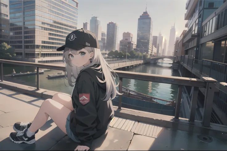 skyscraper, building, city, cityscape, hat, earrings, baseball_cap, 1girl, long_hair, jacket, chain-link_fence, hood, bridge, so...