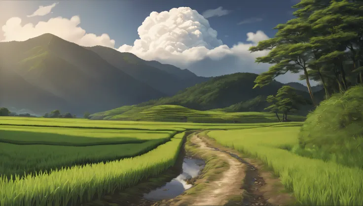 detailed traditional japanese rural landscape, rice fields, dirt paths, midsummer, sunny, cumulonimbus clouds, daytime, (best quality,4k,8k,highres,masterpiece:1.2),ultra-detailed,(realistic,photorealistic,photo-realistic:1.37),HDR,UHD,studio lighting,ultr...