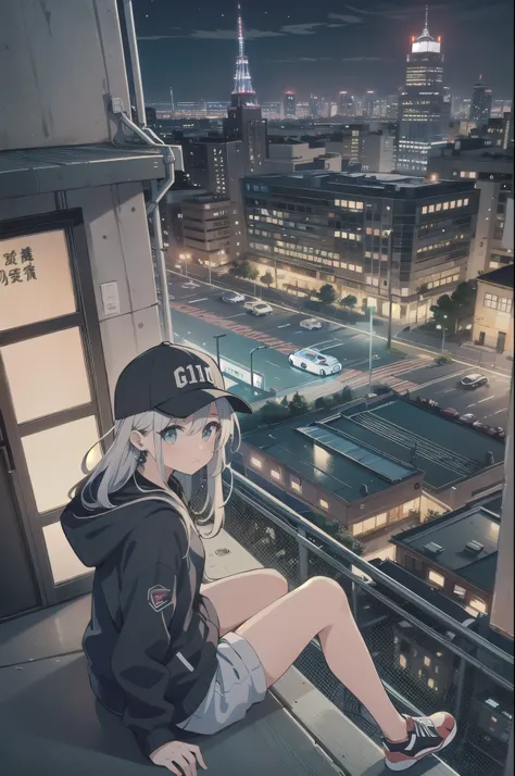 skyscraper, building, city, cityscape, hat, earrings, baseball_cap, 1girl, long_hair, jacket, chain-link_fence, hood, bridge, so...