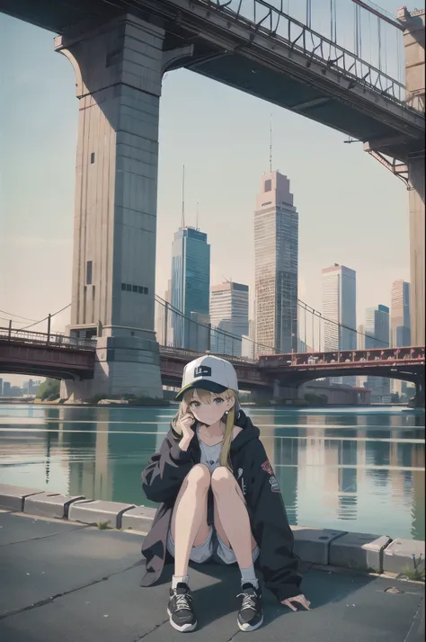 skyscraper, building, city, cityscape, hat, earrings, baseball_cap, 1girl, long_hair, jacket, chain-link_fence, hood, bridge, so...