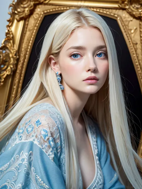 Heres a prompt for an ultra-high-quality portrait:

A serene, ethereal beauty with porcelain-white skin and snowy-white hair sits in warm, dreamy lighting against a matte background. Her blue eyes shine like sapphires, framed by lush lashes. Delicate featu...