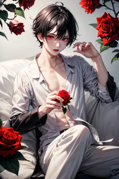 1 boy, Black Hair, expensive, Pale skin, Red eyes, Rose in the mouth