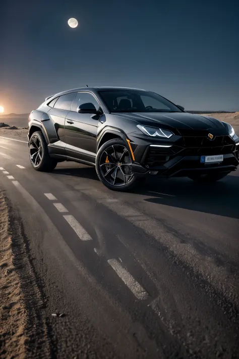  Urus model from the manufacturer Lamborghini, manufactured in 2024, na cor (black) walking under the moon, full image of the vehicle


