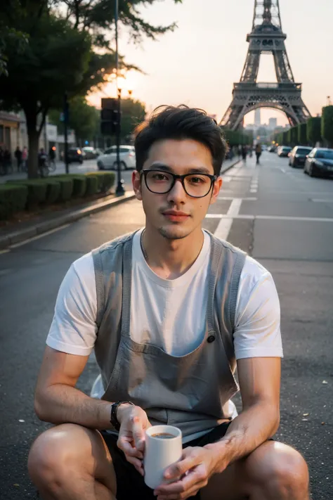 one example　
Man with glasses　Japanese　Set　Beardless　　
comics　wide awake　
In front of the Eiffel Tower,Sunset,Holding a colorful mug,Sitting at a street cafe,
