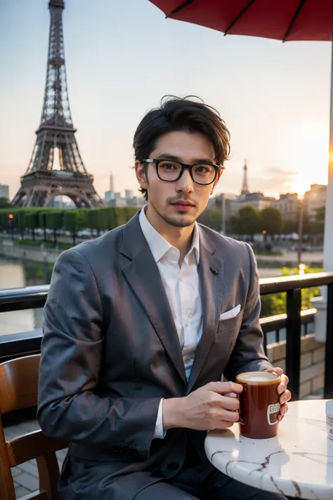 one example　
Man with glasses　Japanese　Set　Beardless Purple Suit　　
comics　wide awake　
In front of the Eiffel Tower,Sunset,Holding a colorful mug,Sitting at a cafe with parasol on the street,
