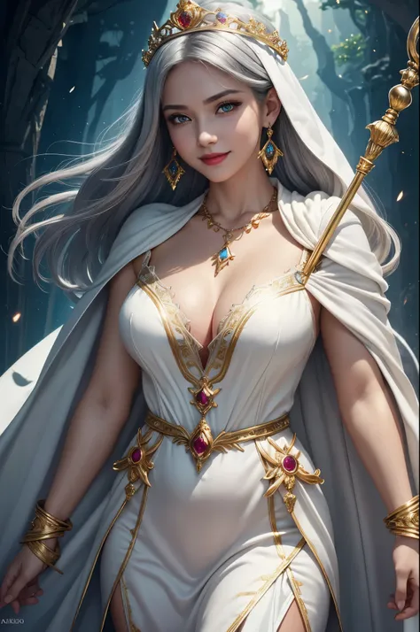 8k,Cute chubby body,Very large breasts,Grey medium bob hair,Baby Face,Close-up of a pretty person in a white goddess costume holding a sacred staff, Cute Fantasy Empress, ((Cute Fantasy Empress)), glamorous.Very detailed, Very detailed , Up to the model | ...