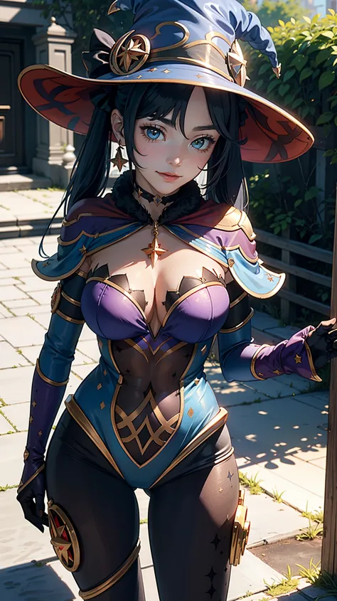 (Girl),(monadef),masterpiece,huge breast, outdoors, looking at viewer, detail eyes, detail face, (standing), smile, (from front:1.8), upper body shot,(detailed face), (cleavage),