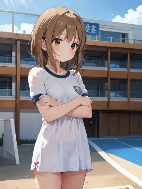 1 woman,brown hair, short hair, idolmaster hagiwara yukiho,17 year old girl, hagiwara yukiho, white one piece dress,face focus,f...