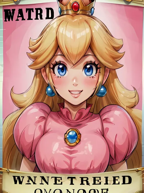 (((wanted poster:1.37, "wanted" is written in large letters:1.37))), princess peach, ((close-up shot, grin)), pink dress, (mosai...