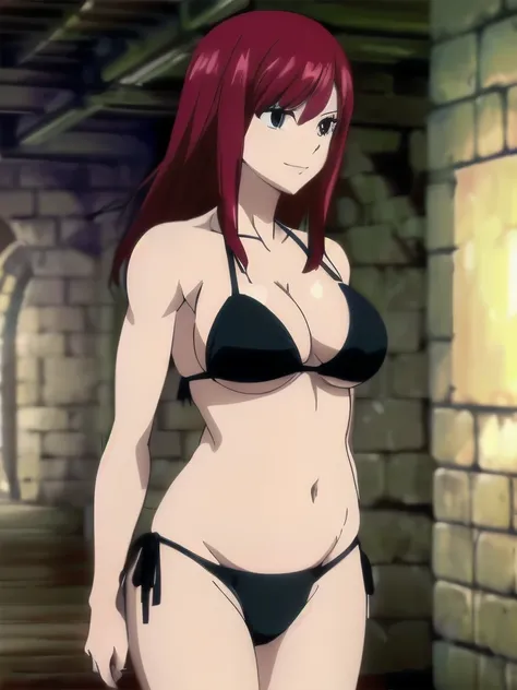 (black bikini top:1.6), (black thong:1.6), (vibrance:1.3), (dungeon:1.4), windy, ultra detailed face, perfect anatomy, (cowboy shot:1.6), from front, fighting stance, ultra detailed body and face, (slim :1.3), perfect body proportions,(defined arms:1.6), (...