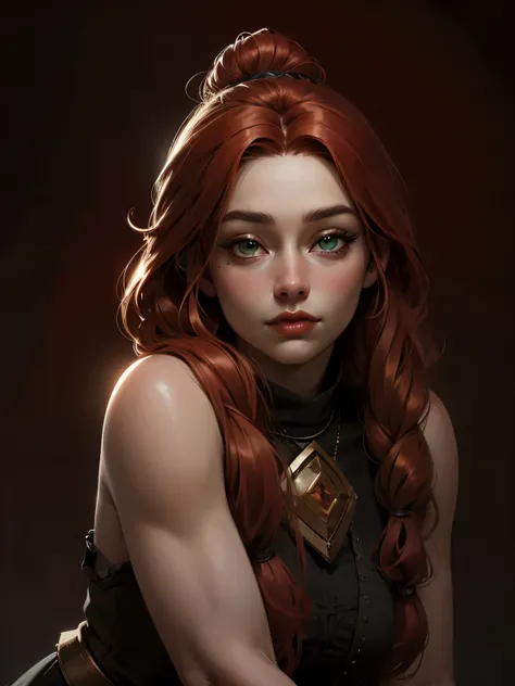 beautiful ginger ((dwarven woman)) in her 30s, with green eyes and striking features, exuding maturity and allure in a seductive pose.(dark-red background),(dwarf) female ,curvy, thick, chubby, short , small, beauty, ginger braided hair, an14