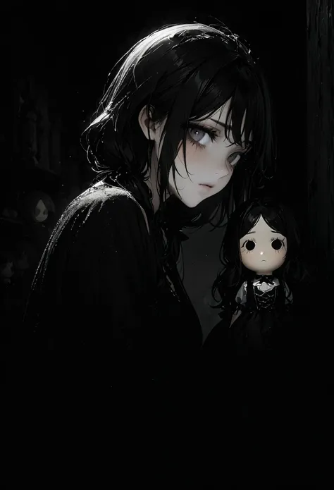 1porcelain doll, low twintails with white rose, black hair, detailed face, ((emotionless expression)), ((lifeless)), plain white skin, plain white eyes, long eyelashes, (gaze down), black eye liner, white face makeup, gray lipstick, black dress, (white orn...