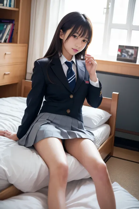 (masterpiece:1.2), super high quality, a japanese girl like a sexy model, (super realistic), (super photographic style), 1girl, (18 years old), (((school uniform))), on a bed, ((legs spread)), 