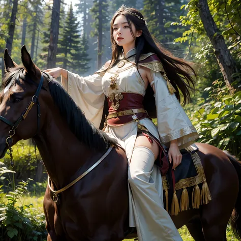 masterpiece，HD，Photography-Portrait-Realistic Style，girl in flowing ancient costume，Take the reins，Ride on the back of a strong Alaskan dog，Running in the green forest。girl&#39;Long hair fluttering in the wind，Determined gaze，Pretty Face。The desert wind bl...