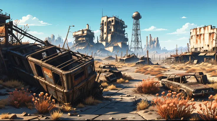 anime aestetics, anime scenery, landscape, wallpaper, huge deserted city, western city ruins, dry grass, dry flowers, desert, fallout environment, in the fallout wasteland, fallout 4 render, stylization for fallout 4, mining outpost, rural wastelands, fal...