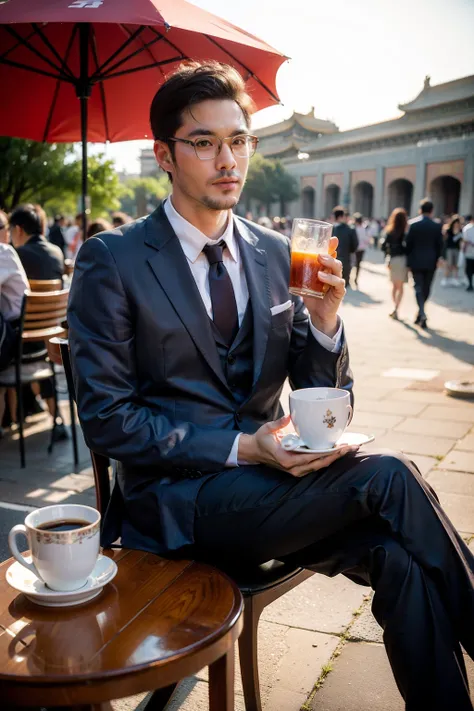 one example　
Man with glasses　oriental　Set　Beardless Purple Suit　　
comics　wide awake　
In front of the Forbidden City in Beijing,Sunset,Holding a colorful mug,Sitting at a cafe with parasol on the street, Also in the background
