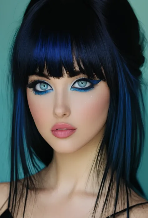1 girl, Extremely beautiful, black hair, blunt bangs, blue eyes, black eyeliner,