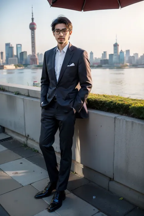 one example　
Man with glasses　oriental　Set　Beardless Purple Suit　　
comics　wide awake　Left hand in pocket in front of the Oriental Pearl Tower on the Bund in Shanghai,Sunset,Holding a colorful mug,Sitting at a cafe with parasol on the street, 
