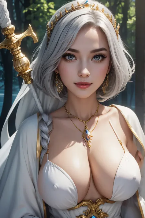 8k,Very large breasts,Goddess&#39;s White and Gold Robe,Ultra-high resolution,Ultra-Realistic Skin,