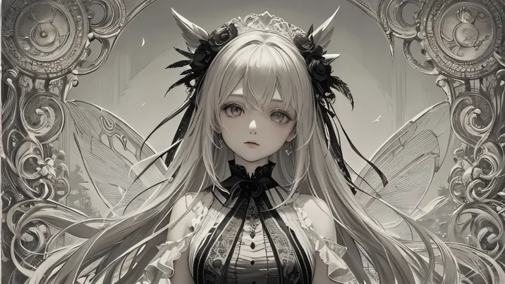 ((Highest quality)), ((masterpiece)), (detailed), anime　Fairy　magic　City　monochrome　romantic　Calm　Retro Style　Elegant and detailed feather design　Gothicのドレス　accessories　　Light effects　Gothic　goddess　Silver Hair 