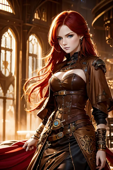 A beautiful redhead female country artist wearing a steampunk-inspired layered gown. She has clean makeup and is captured in vivid colors, embodying the essence of fantasy and a minimalist, fantastical, edgy, and regal themed outfit, with depth of field.