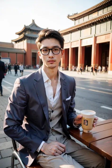 one example　
Man with glasses　oriental　Set　Beardless Purple Suit　　
comics　wide awake　With one hand in his pocket in front of the Forbidden City in Beijing,Sunset,Holding a colorful mug in one hand,Sitting at a cafe with parasol on the street, 
