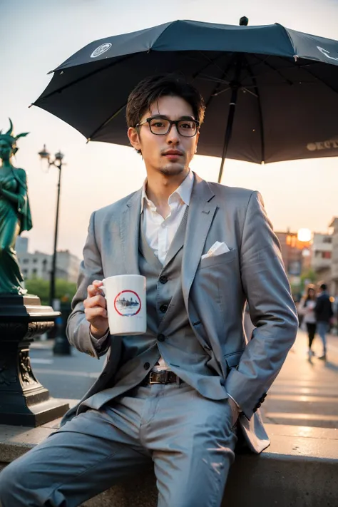 one example　
Man with glasses　oriental　Set　Beardless Purple Suit　　
comics　wide awake　With one hand in his pocket in front of the Statue of Goddess in New York,Sunset,Holding a colorful mug in one hand,Sitting at a cafe with parasol on the street, 
