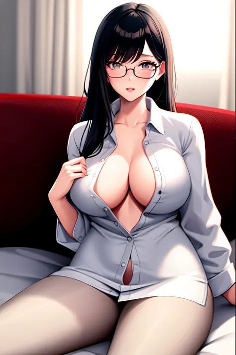 popped collar ,High collar,White shirt,sexy Wife,Lying down,Naked shirt,Dress shirt,Glasses,MOTHER,