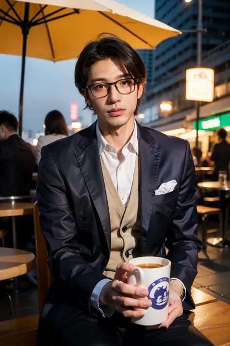 one example　
Man with glasses　oriental　Set　Beardless Purple Suit　　
comics　wide awake　With one hand in his pocket in front of the Star Ferry Pier in Hong Kong,Sunset,Holding a colorful mug in one hand,Sitting at a cafe with parasol on the street, 
